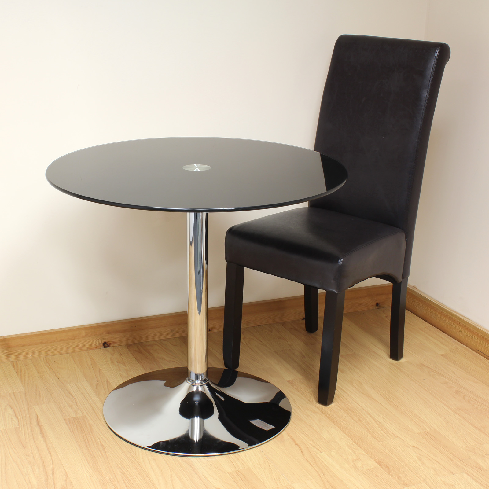 Hartleys 80cm Black/Chrome Round Glass Dining/Kitchen Table Bistro/Cafe
